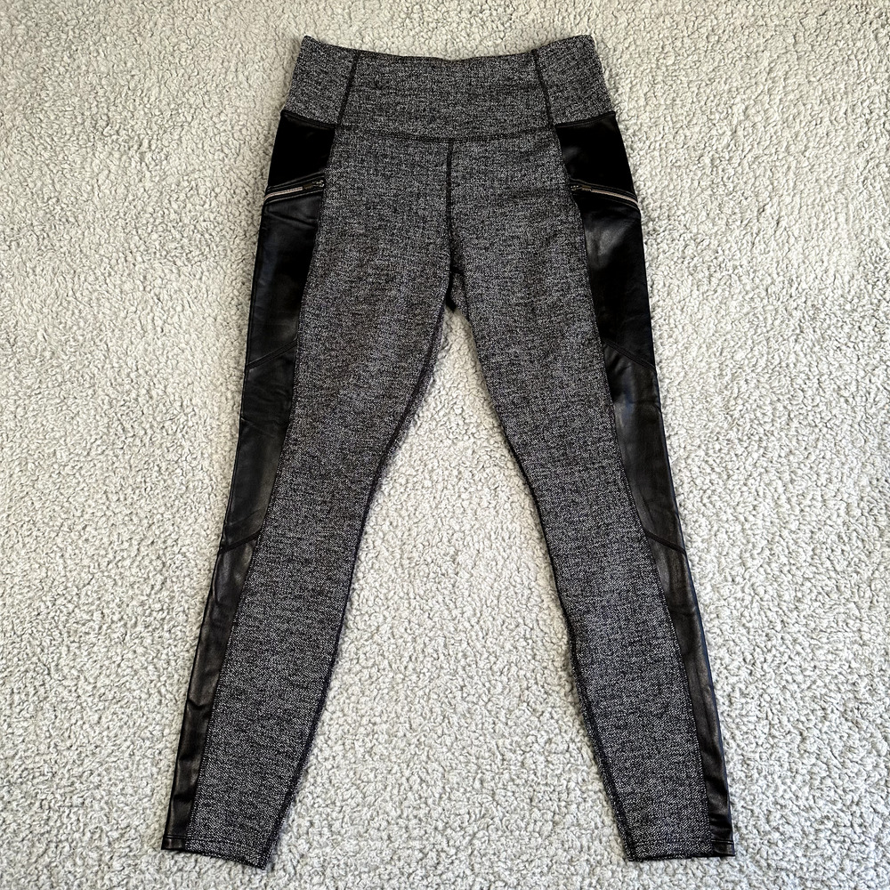 Athleta Leggings Women's Medium Black Tweed‎ Zippers Faux Leather Activewear